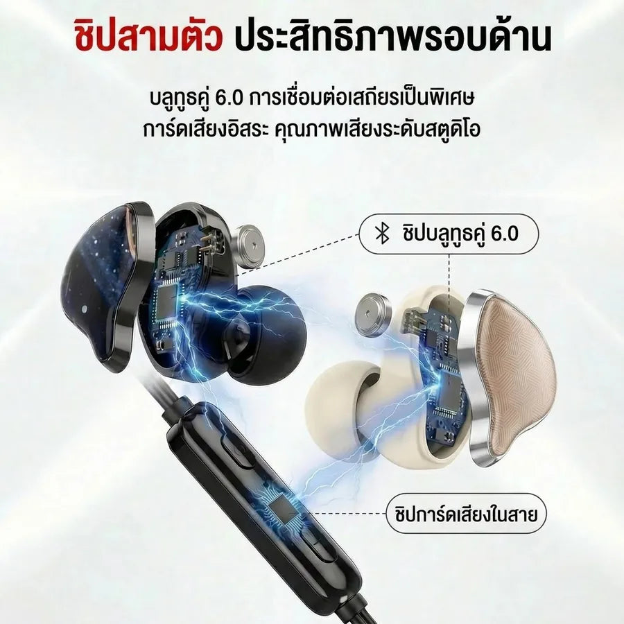 ภาพชำแหละหูฟังแสดงชิปบลูทูธคู่ 6.0 และชิปซาวด์การ์ดในสาย